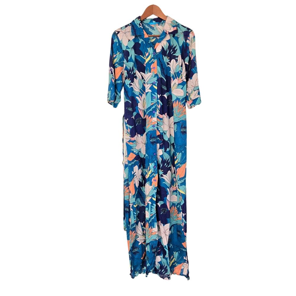Tori Richard Honolulu Blue Floral Cotton Maxi Shirt Dress 3/4 Sleeve Size Small